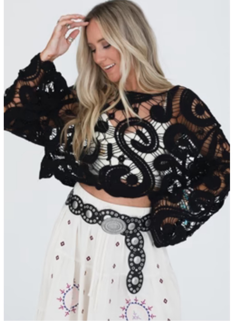 Three Bird Nest Black Crochet Lace Balloon Sleeve Crop Top